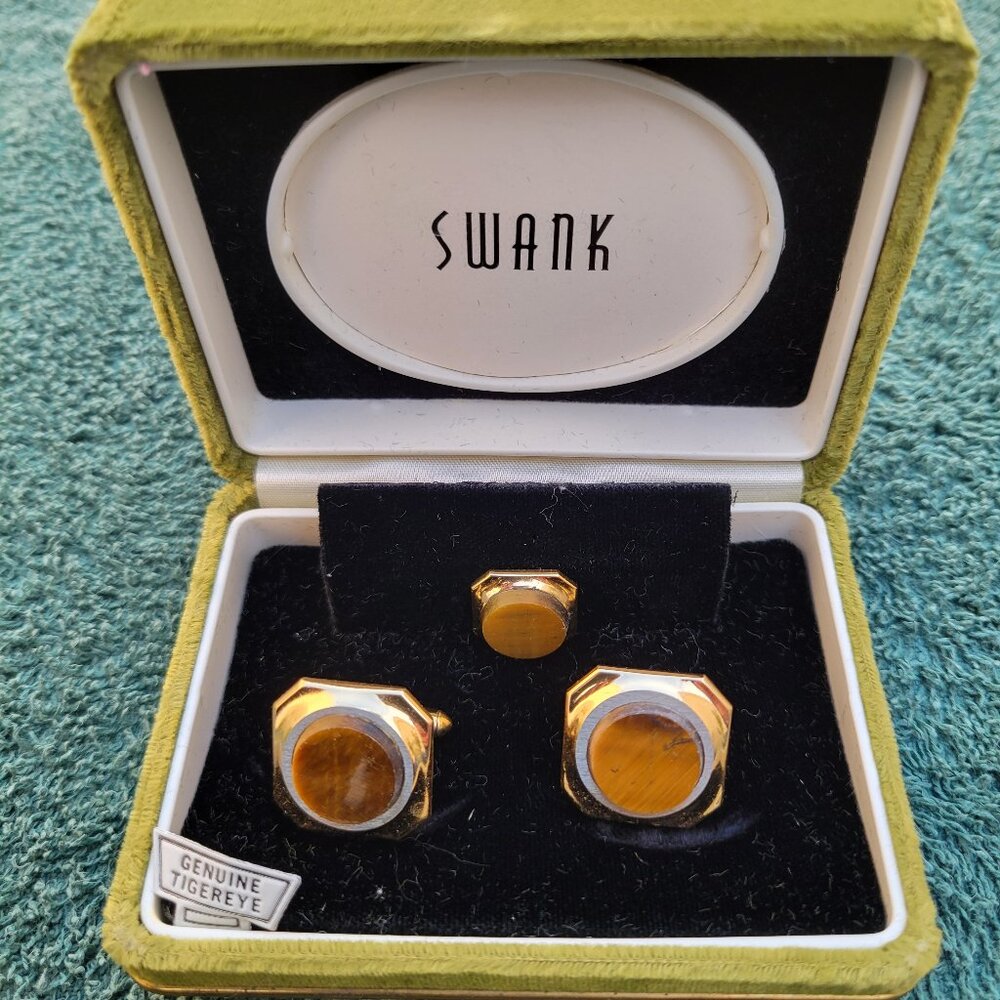 1930 Vintage SWANK Cuff Links and Tie Tack Tiger Eye Set